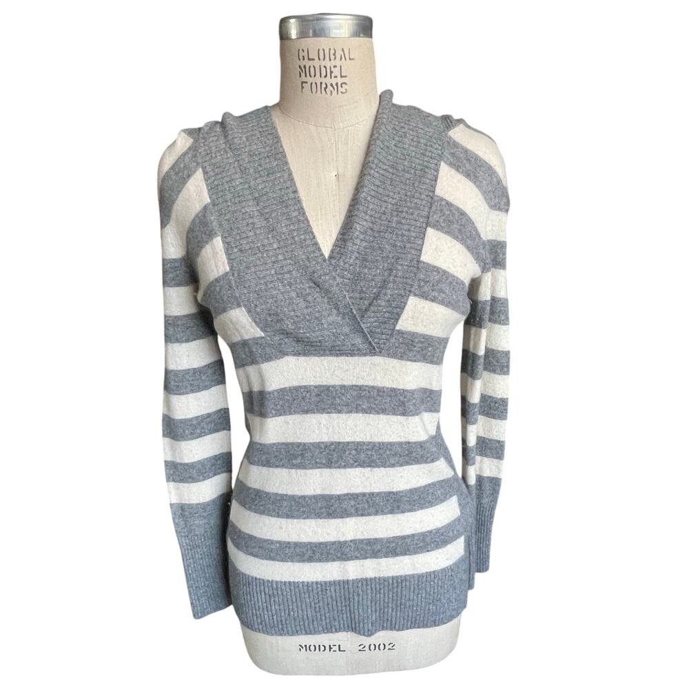 Joie for Bloomingdales 100% Cashmere Gray & White Stripe Hooded Sweater Small